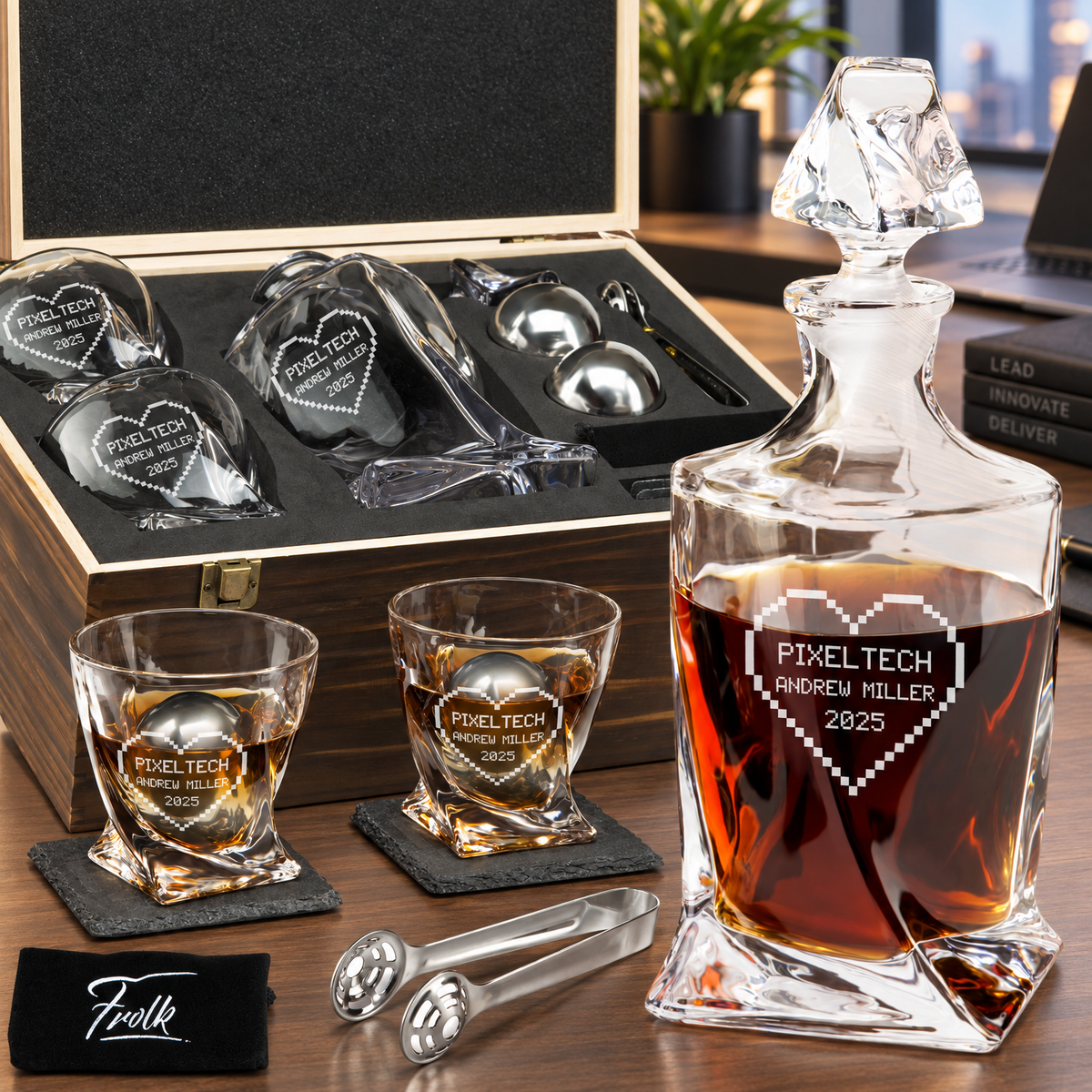 Technology Company Gifts – Twisted Decanter Set with 2 Glasses, 2 Whiskey Balls & Wooden Box – image 01