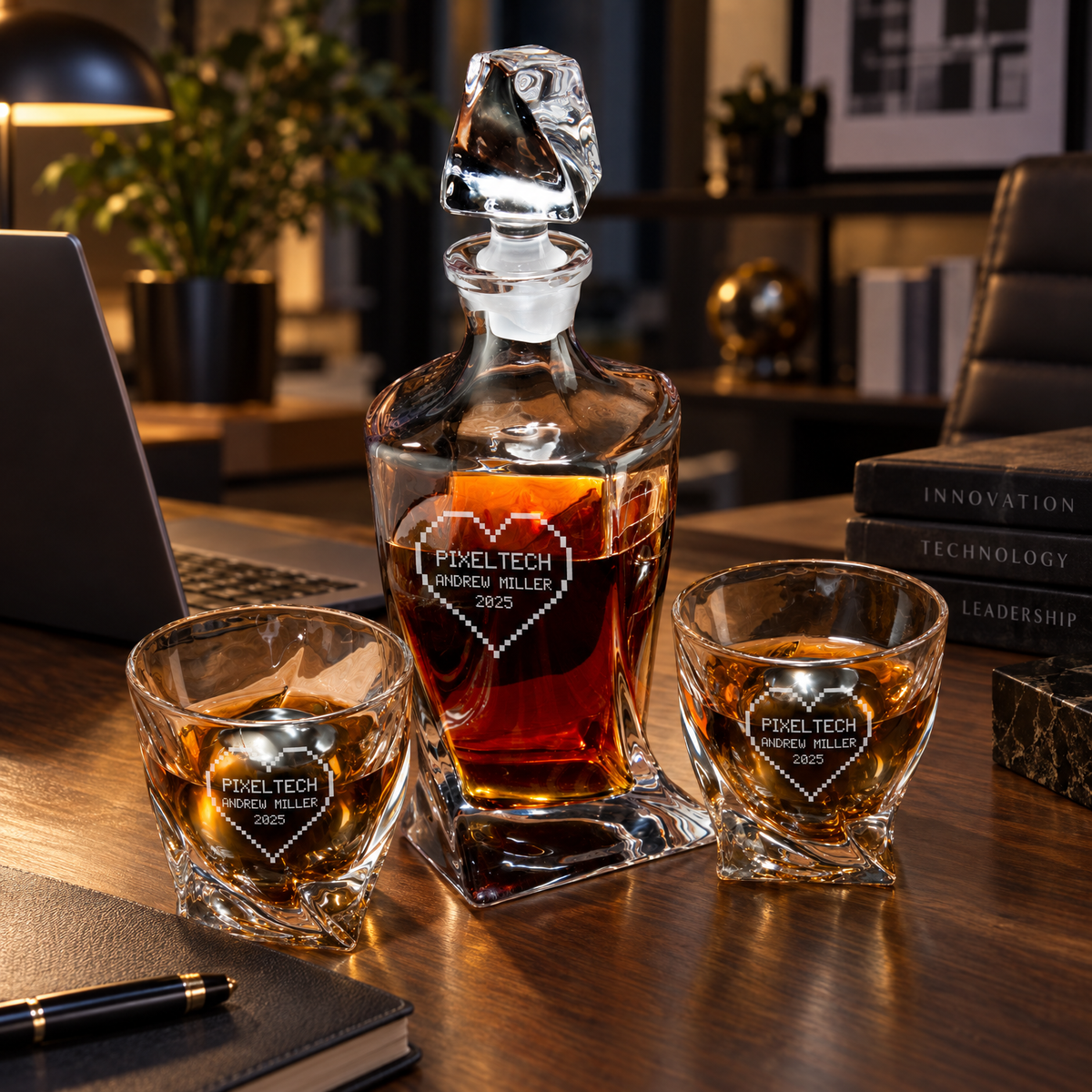 Technology Company Gifts – Twisted Decanter Set with 2 Glasses, 2 Whiskey Balls & Wooden Box – image 06