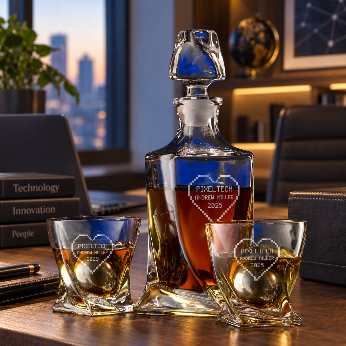 Technology Company Gifts – Twisted Decanter Set with 2 Glasses, 2 Whiskey Balls & Wooden Box product image