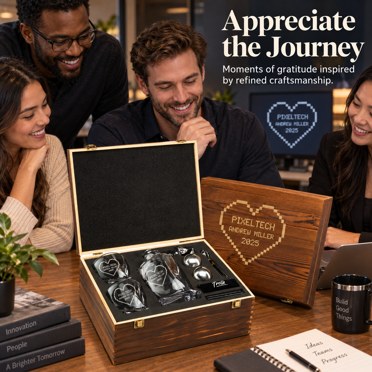 Technology Company Gifts – Twisted Decanter Set with 2 Glasses, 2 Whiskey Balls & Wooden Box – image 09
