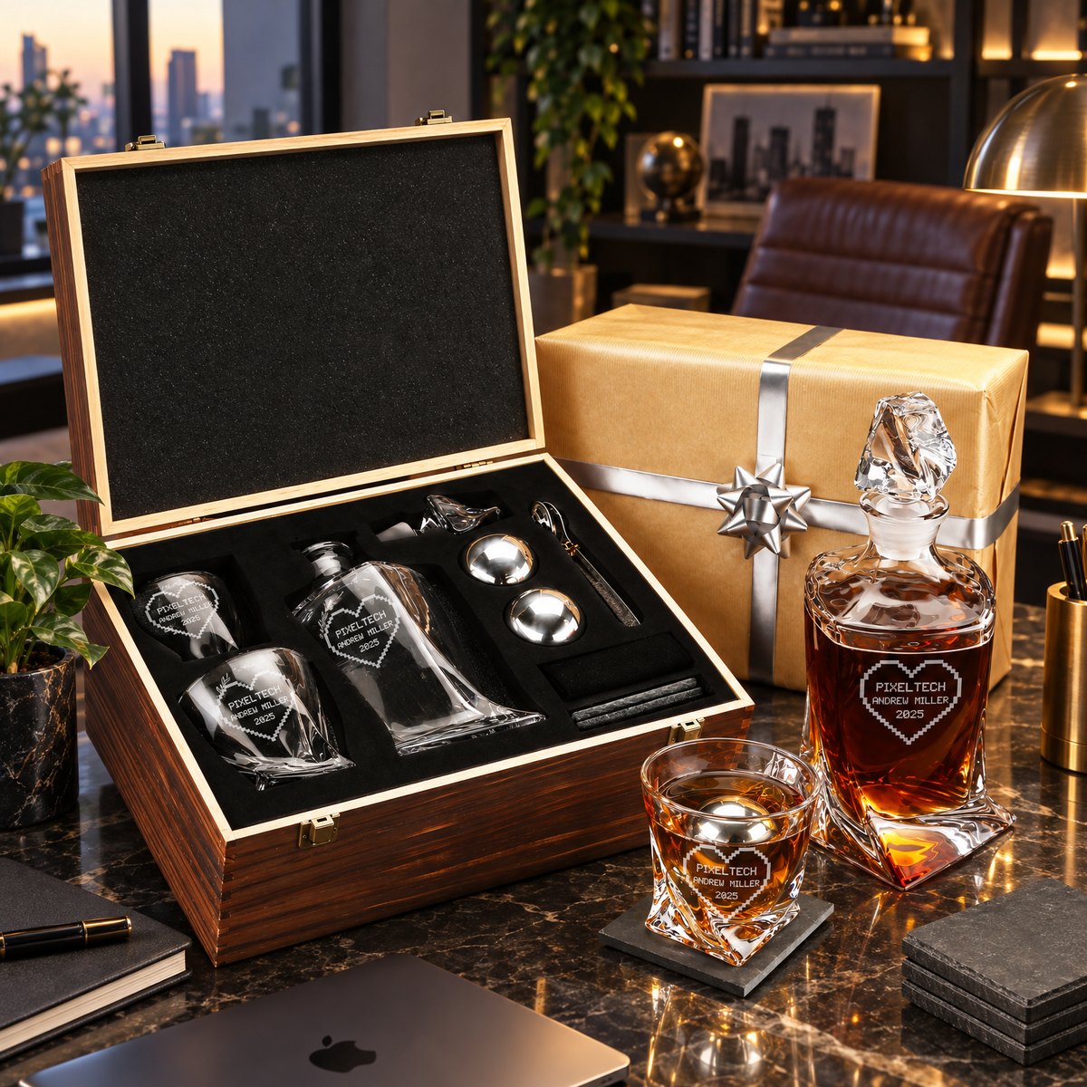 Technology Company Gifts – Twisted Decanter Set with 2 Glasses, 2 Whiskey Balls & Wooden Box product image