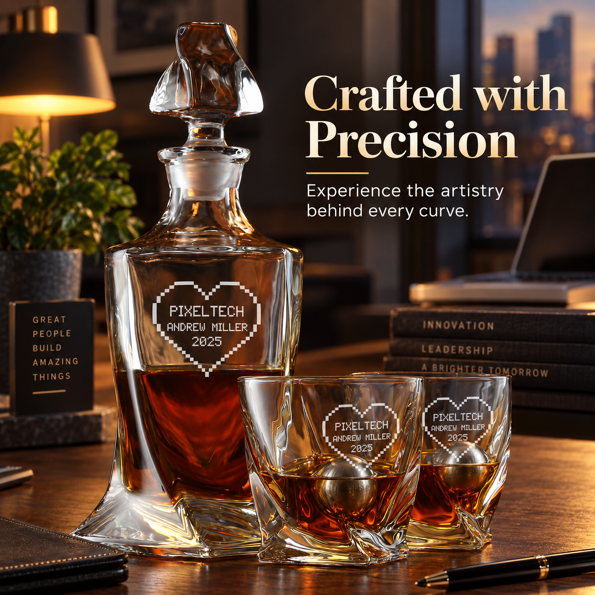 Technology Company Gifts – Twisted Decanter Set with 2 Glasses, 2 Whiskey Balls & Wooden Box product image
