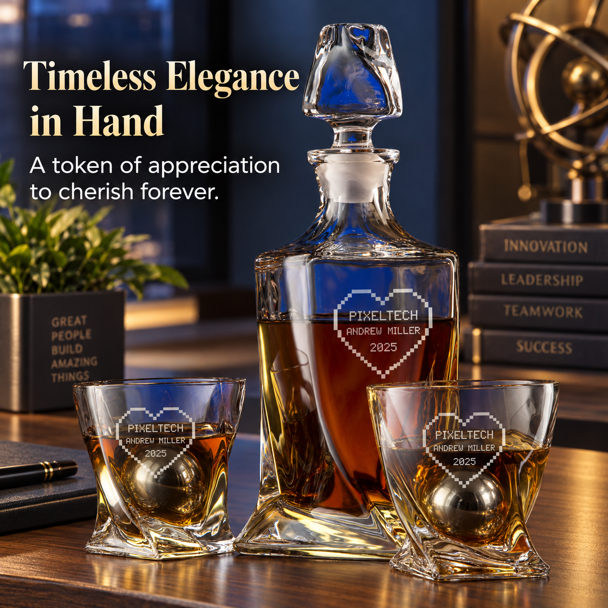 Technology Company Gifts – Twisted Decanter Set with 2 Glasses, 2 Whiskey Balls & Wooden Box – image 16