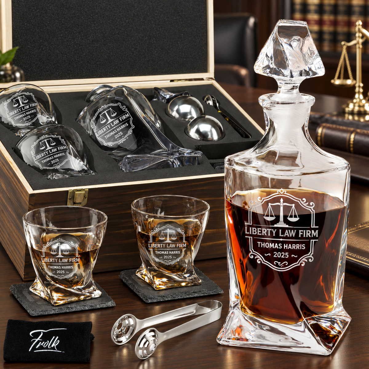 Legal Company Gifts – Twisted Decanter Set with 2 Glasses, 2 Whiskey Balls & Wooden Box – image 01