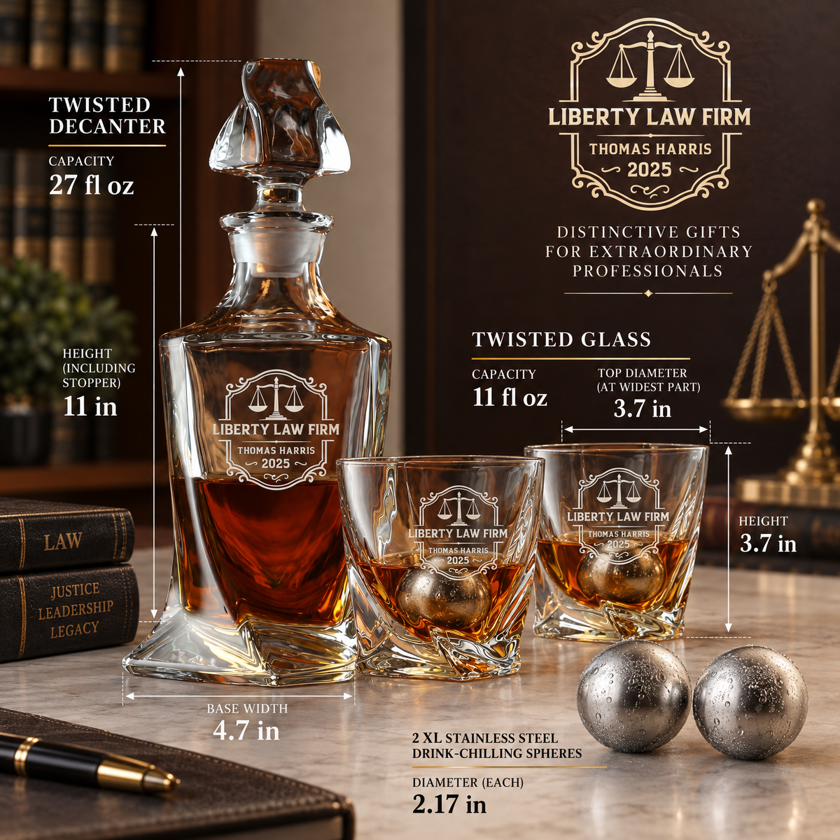 Legal Company Gifts – Twisted Decanter Set with 2 Glasses, 2 Whiskey Balls & Wooden Box product image