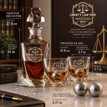 Legal Company Gifts – Twisted Decanter Set with 2 Glasses, 2 Whiskey Balls & Wooden Box – image 02