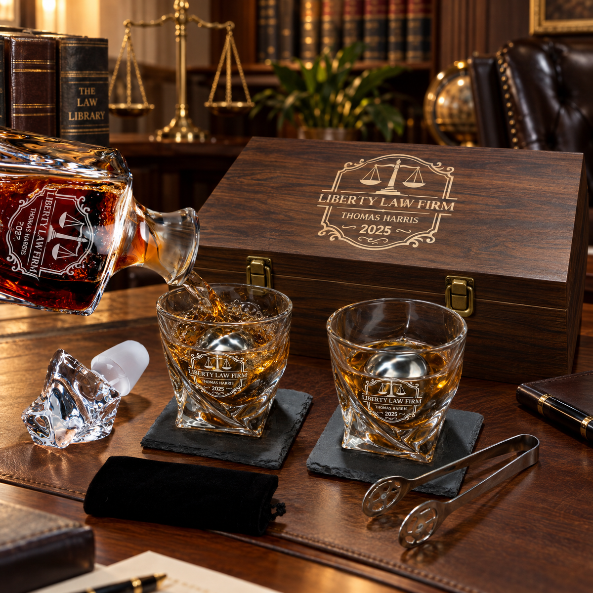 Legal Company Gifts – Twisted Decanter Set with 2 Glasses, 2 Whiskey Balls & Wooden Box – image 04