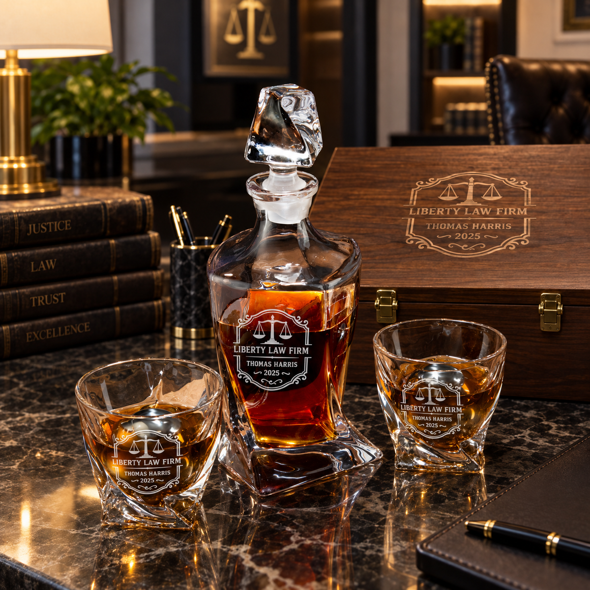 Legal Company Gifts – Twisted Decanter Set with 2 Glasses, 2 Whiskey Balls & Wooden Box product image