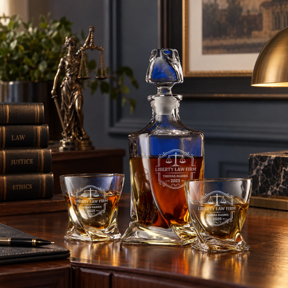 Legal Company Gifts – Twisted Decanter Set with 2 Glasses, 2 Whiskey Balls & Wooden Box – image 08