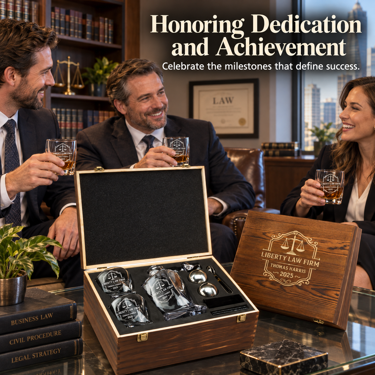 Legal Company Gifts – Twisted Decanter Set with 2 Glasses, 2 Whiskey Balls & Wooden Box – image 09