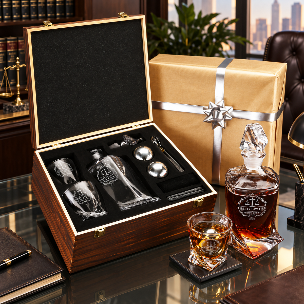 Legal Company Gifts – Twisted Decanter Set with 2 Glasses, 2 Whiskey Balls & Wooden Box product image