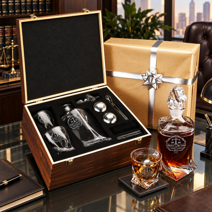 Legal Company Gifts – Twisted Decanter Set with 2 Glasses, 2 Whiskey Balls & Wooden Box – image 10