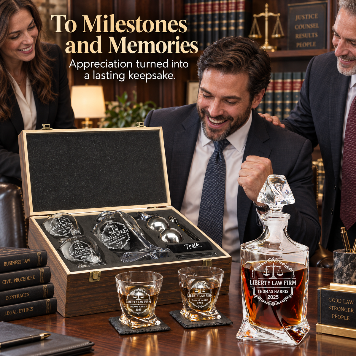 Legal Company Gifts – Twisted Decanter Set with 2 Glasses, 2 Whiskey Balls & Wooden Box product image