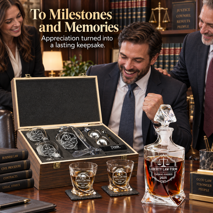 Legal Company Gifts – Twisted Decanter Set with 2 Glasses, 2 Whiskey Balls & Wooden Box – image 11