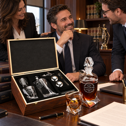 Legal Company Gifts – Twisted Decanter Set with 2 Glasses, 2 Whiskey Balls & Wooden Box – image 17