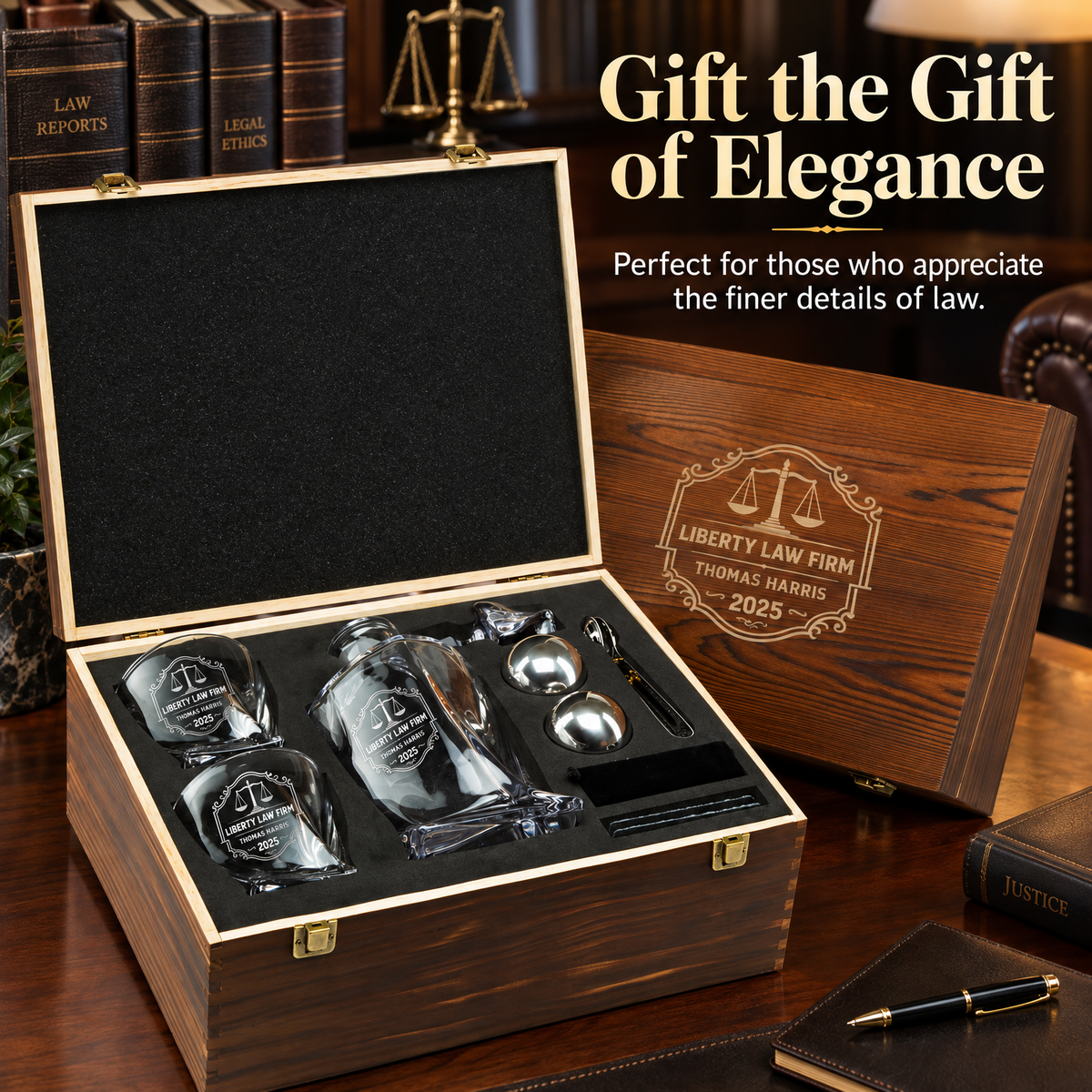 Legal Company Gifts – Twisted Decanter Set with 2 Glasses, 2 Whiskey Balls & Wooden Box product image