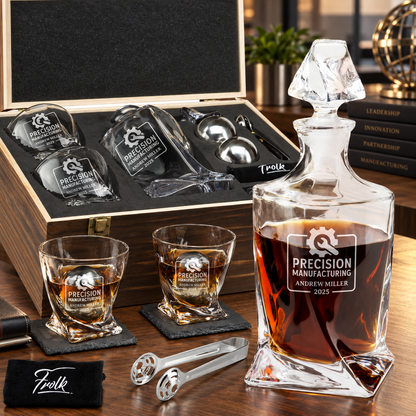 Manufacturing Company Gifts – Twisted Decanter Set with 2 Glasses, 2 Whiskey Balls & Wooden Box – image 01