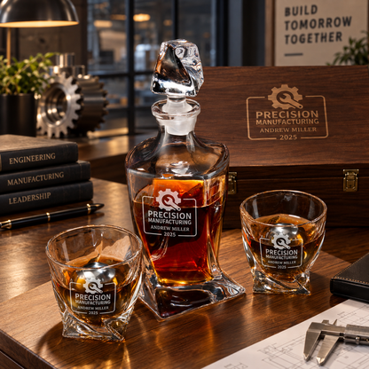 Manufacturing Company Gifts – Twisted Decanter Set with 2 Glasses, 2 Whiskey Balls & Wooden Box – image 06