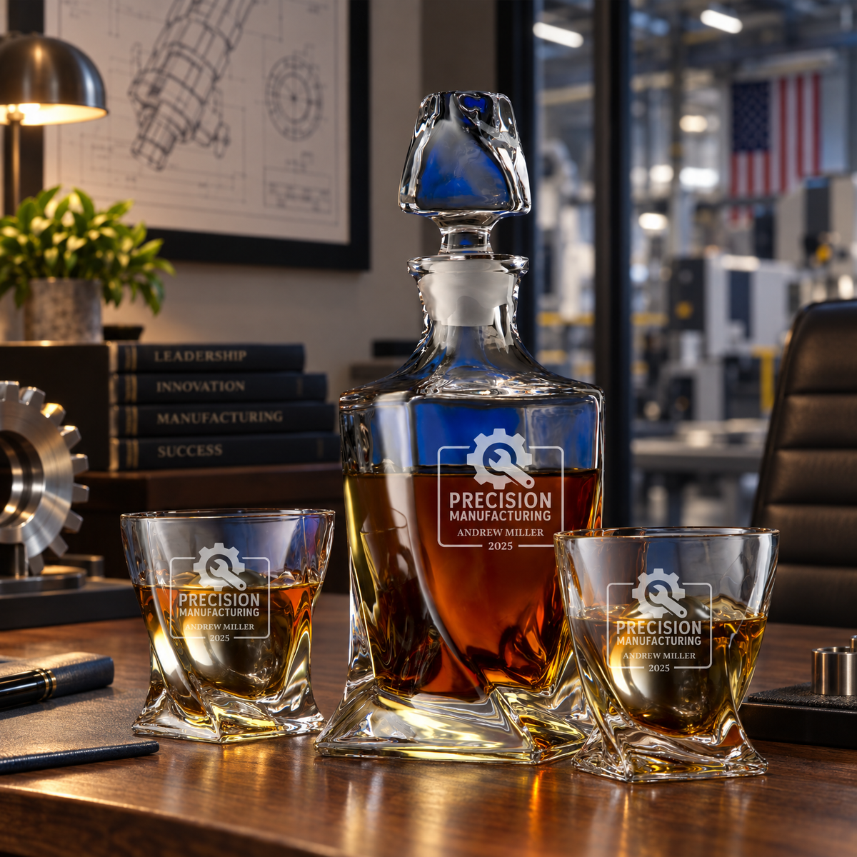 Manufacturing Company Gifts – Twisted Decanter Set with 2 Glasses, 2 Whiskey Balls & Wooden Box – image 08