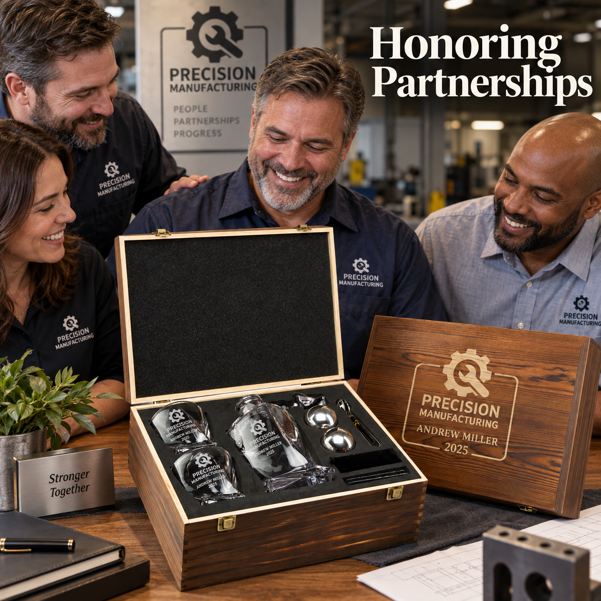 Manufacturing Company Gifts – Twisted Decanter Set with 2 Glasses, 2 Whiskey Balls & Wooden Box product image