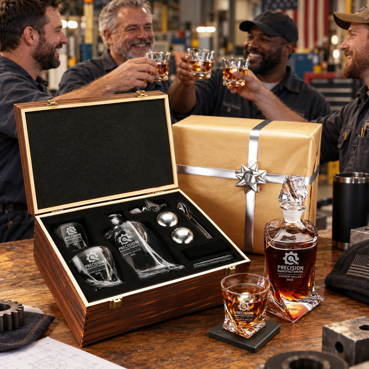 Manufacturing Company Gifts – Twisted Decanter Set with 2 Glasses, 2 Whiskey Balls & Wooden Box product image
