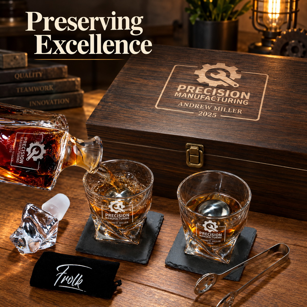 Manufacturing Company Gifts – Twisted Decanter Set with 2 Glasses, 2 Whiskey Balls & Wooden Box product image
