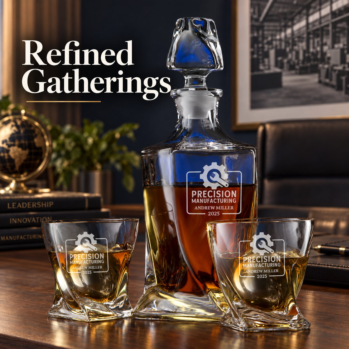 Manufacturing Company Gifts – Twisted Decanter Set with 2 Glasses, 2 Whiskey Balls & Wooden Box – image 16