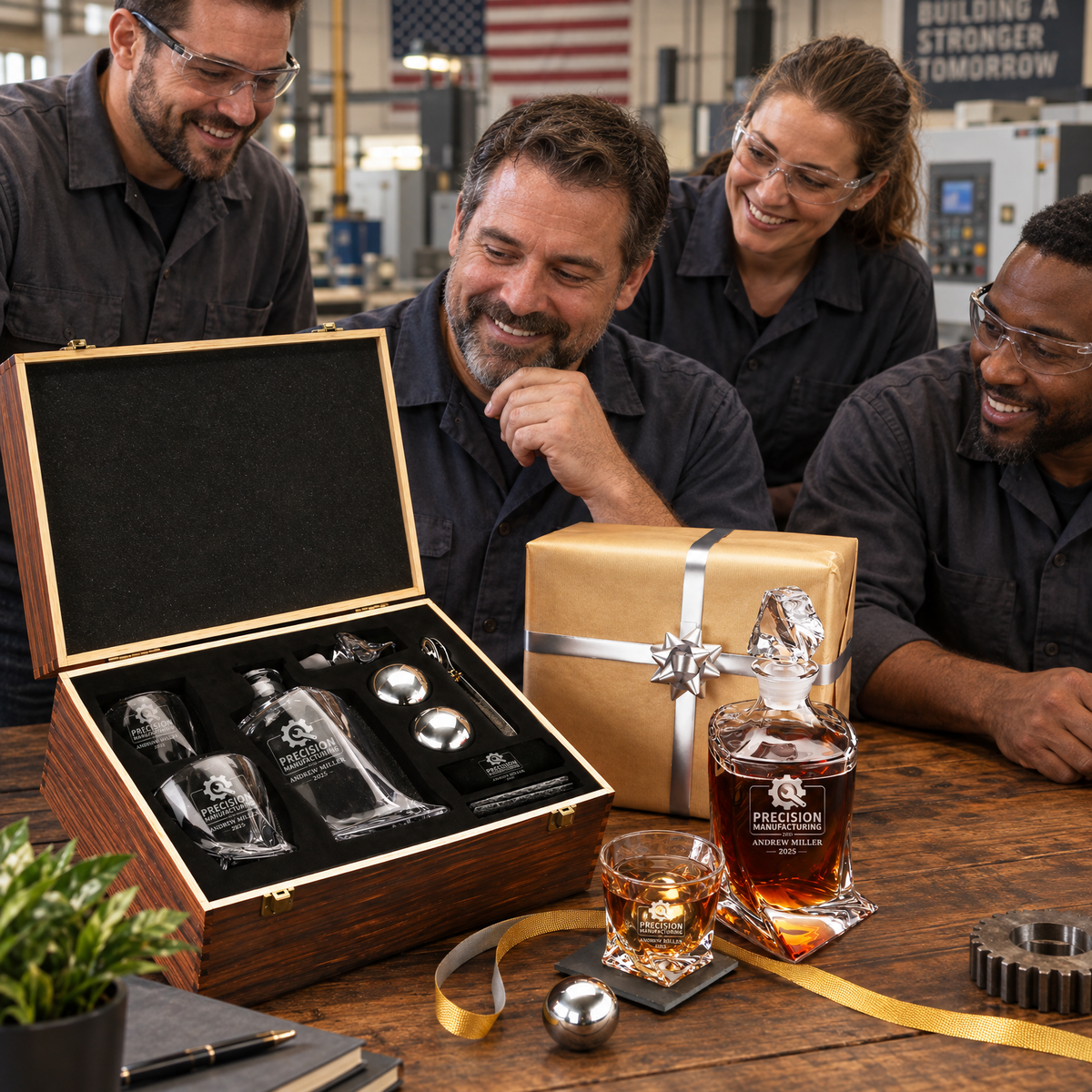 Manufacturing Company Gifts – Twisted Decanter Set with 2 Glasses, 2 Whiskey Balls & Wooden Box product image