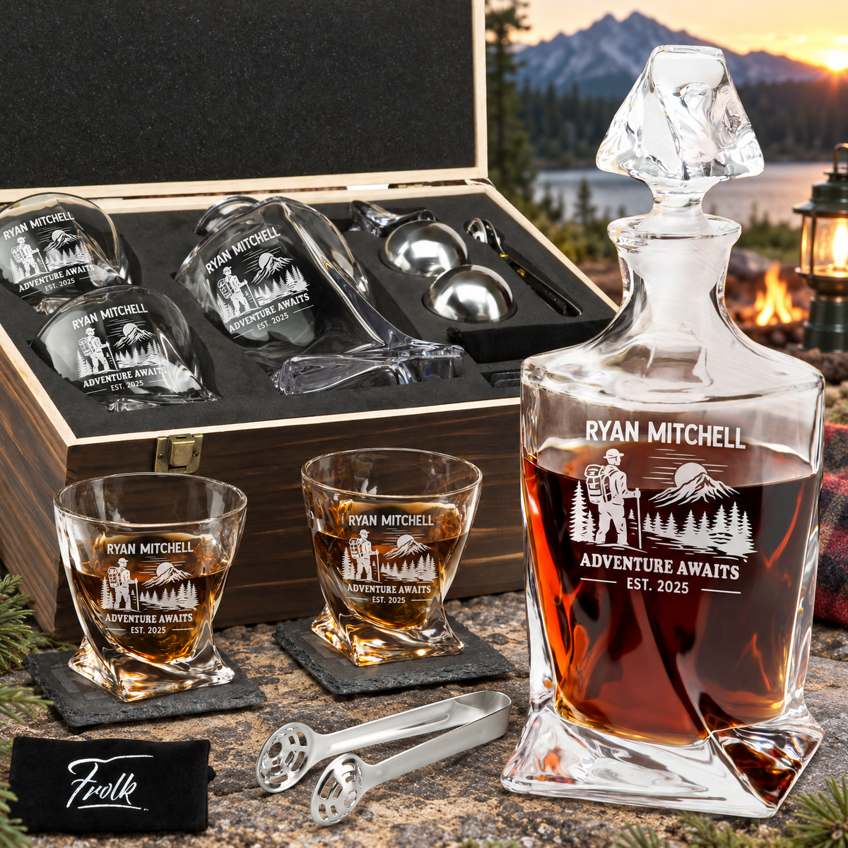 Gift for Outdoorsmen – Twisted Decanter Set with 2 Glasses, 2 Whiskey Balls & Wooden Box product image