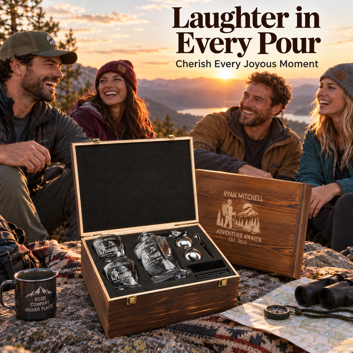 Gift for Outdoorsmen – Twisted Decanter Set with 2 Glasses, 2 Whiskey Balls & Wooden Box product image
