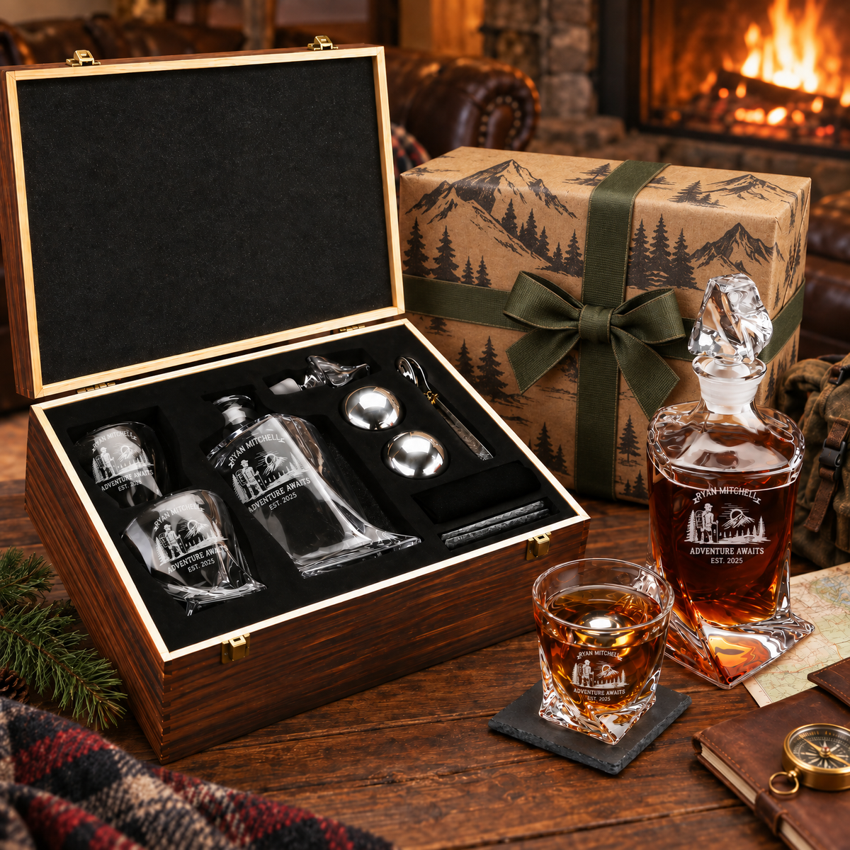 Gift for Outdoorsmen – Twisted Decanter Set with 2 Glasses, 2 Whiskey Balls & Wooden Box product image