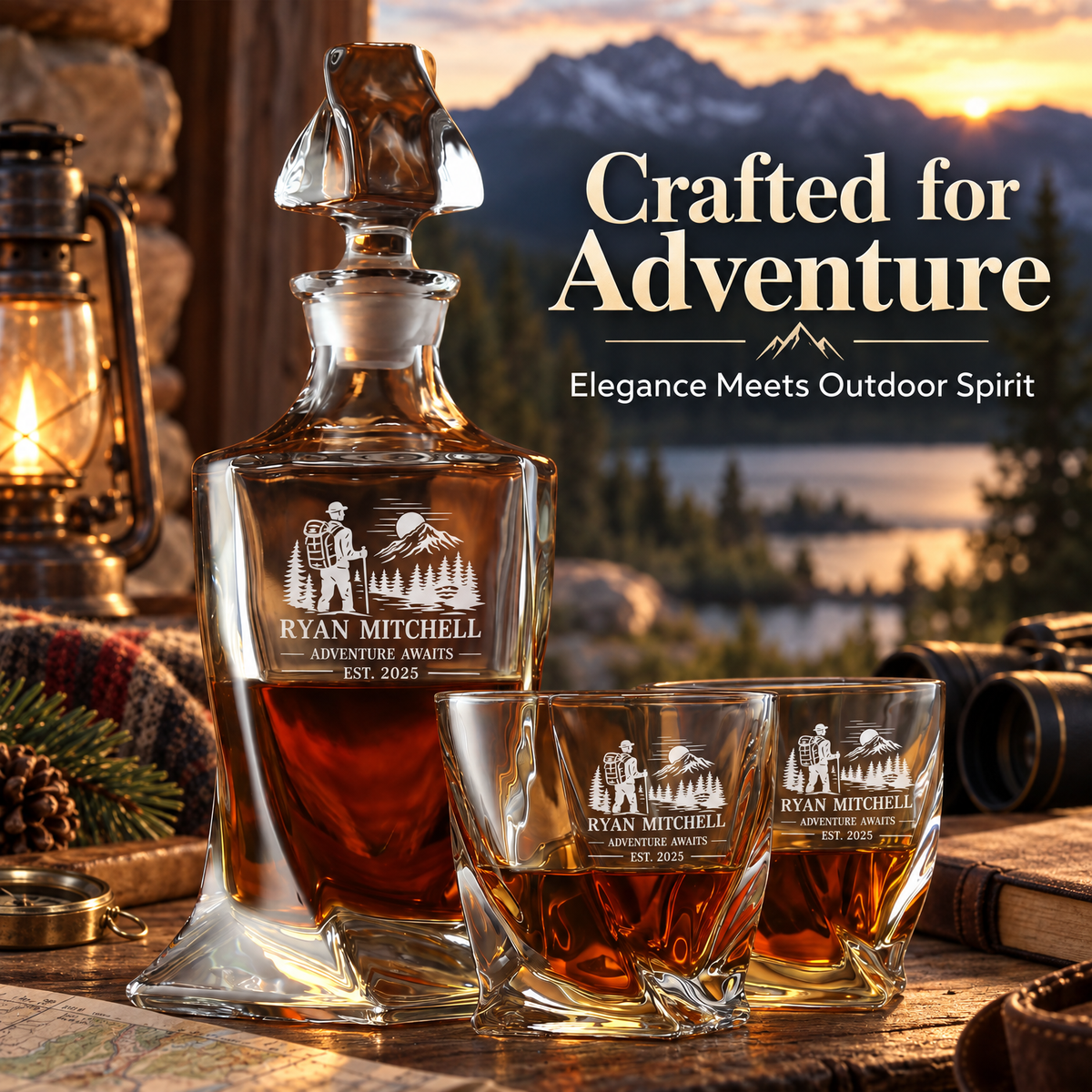 Gift for Outdoorsmen – Twisted Decanter Set with 2 Glasses, 2 Whiskey Balls & Wooden Box – image 12