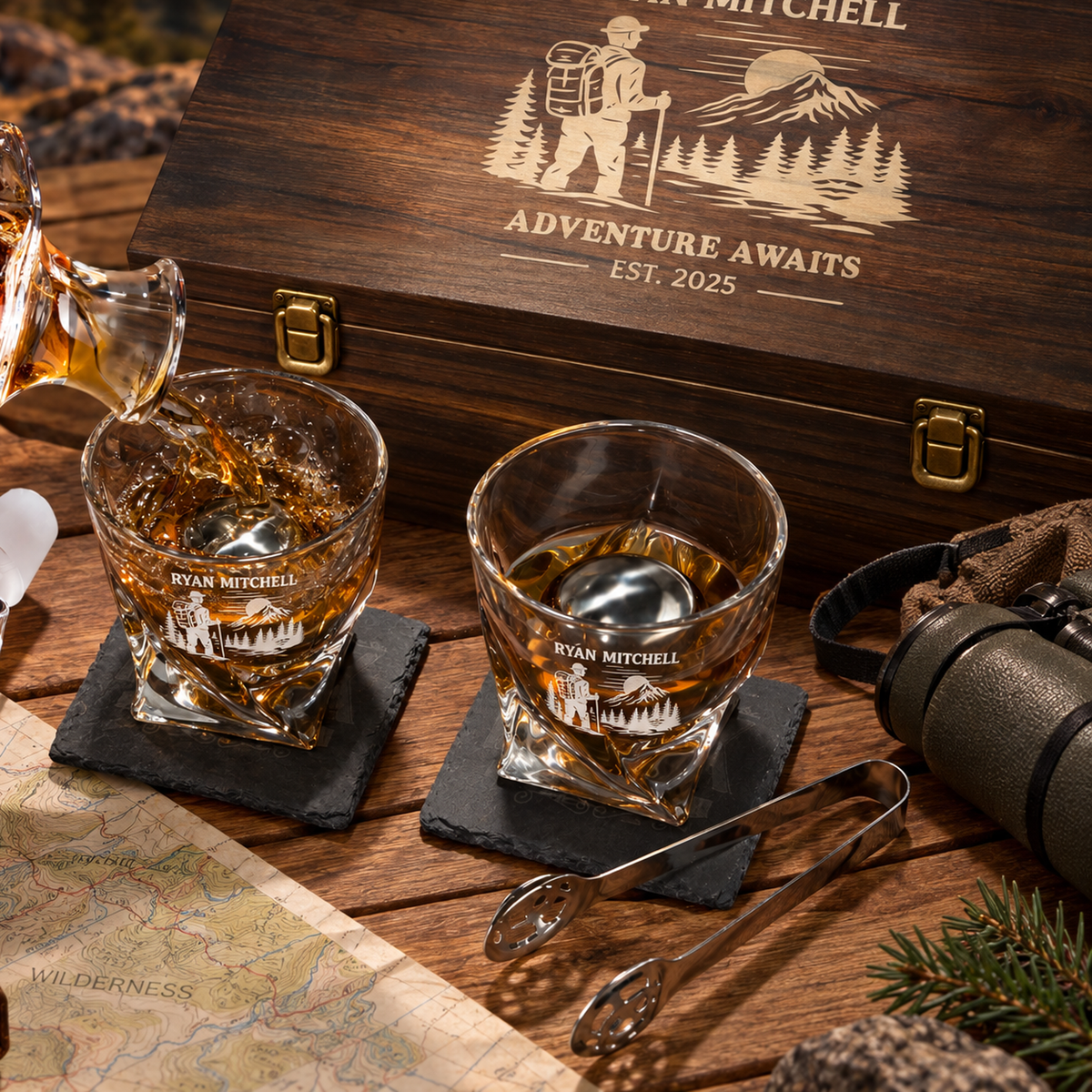 Gift for Outdoorsmen – Twisted Decanter Set with 2 Glasses, 2 Whiskey Balls & Wooden Box product image