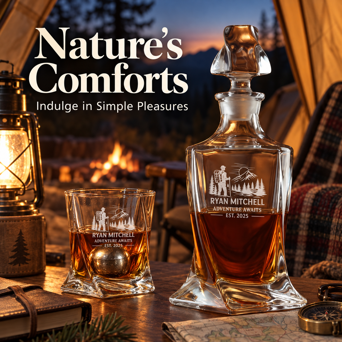 Gift for Outdoorsmen – Twisted Decanter Set with 2 Glasses, 2 Whiskey Balls & Wooden Box product image