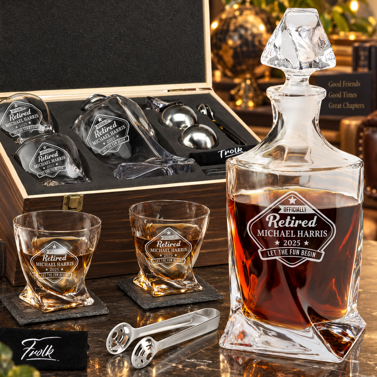 Retirement Gift – Twisted Decanter Set with 2 Glasses, 2 Whiskey Balls & Wooden Box product image