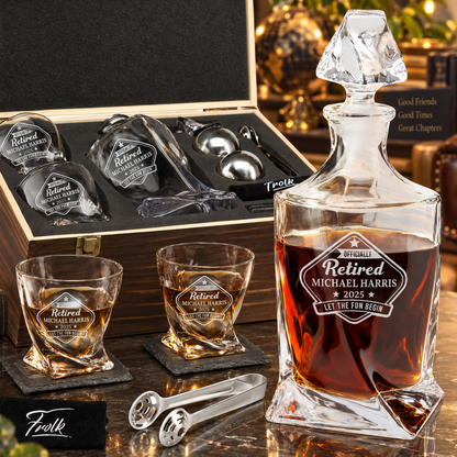 Retirement Gift – Twisted Decanter Set with 2 Glasses, 2 Whiskey Balls & Wooden Box – image 01