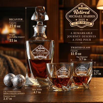 Retirement Gift – Twisted Decanter Set with 2 Glasses, 2 Whiskey Balls & Wooden Box – image 02