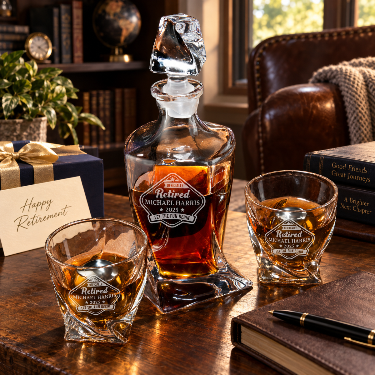 Retirement Gift – Twisted Decanter Set with 2 Glasses, 2 Whiskey Balls & Wooden Box – image 06