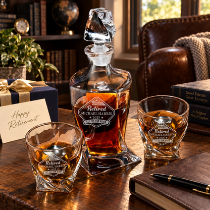 Retirement Gift – Twisted Decanter Set with 2 Glasses, 2 Whiskey Balls & Wooden Box – image 06