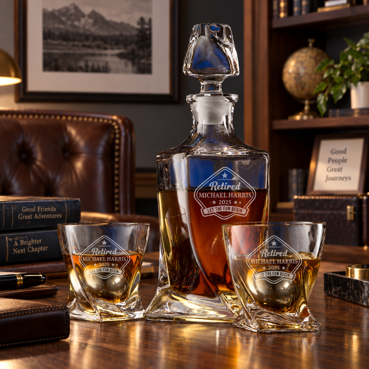 Retirement Gift – Twisted Decanter Set with 2 Glasses, 2 Whiskey Balls & Wooden Box product image