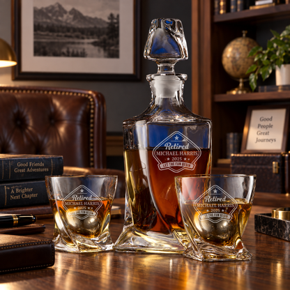 Retirement Gift – Twisted Decanter Set with 2 Glasses, 2 Whiskey Balls & Wooden Box – image 08