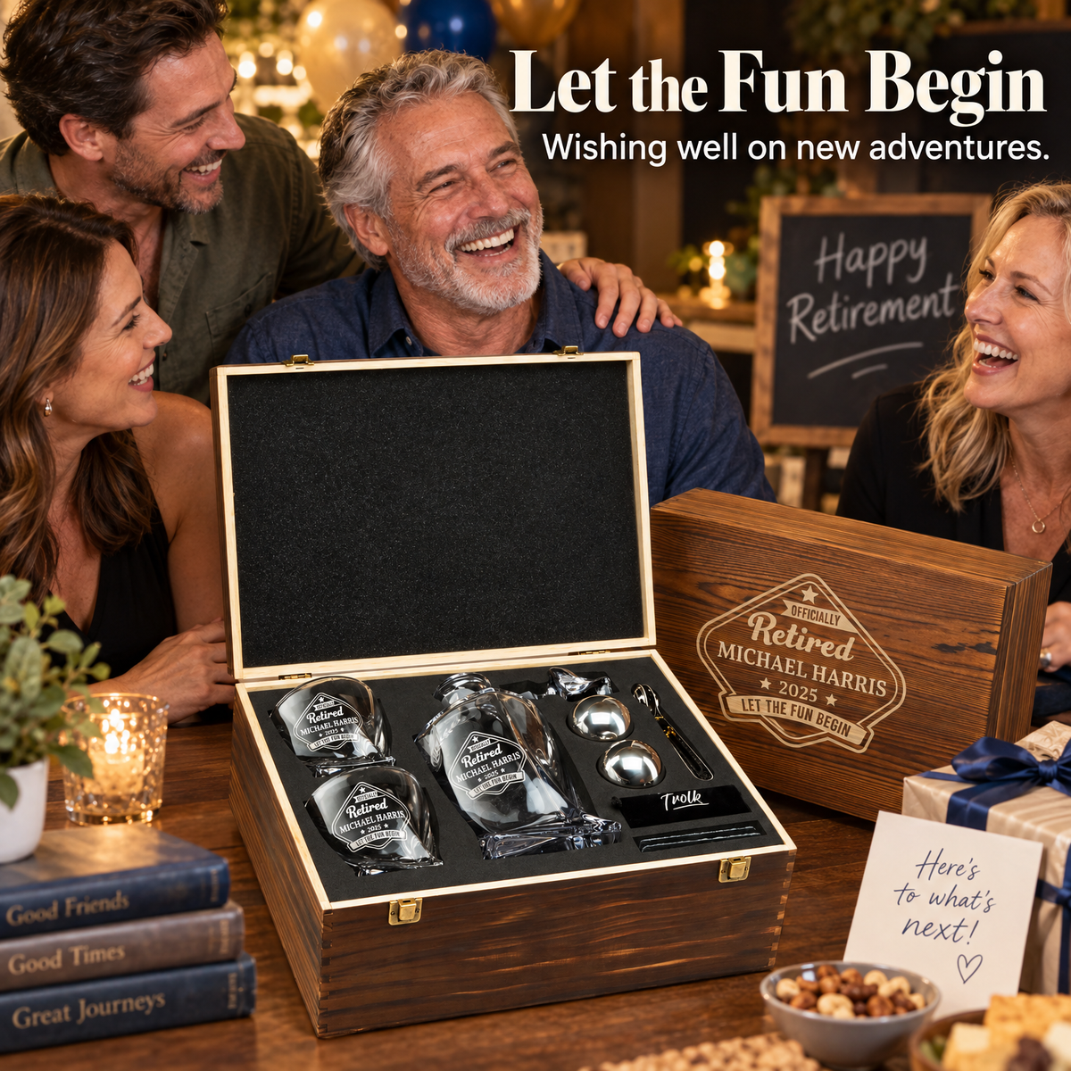 Retirement Gift – Twisted Decanter Set with 2 Glasses, 2 Whiskey Balls & Wooden Box – image 09