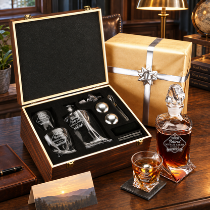 Retirement Gift – Twisted Decanter Set with 2 Glasses, 2 Whiskey Balls & Wooden Box – image 10