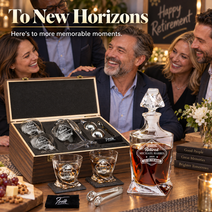 Retirement Gift – Twisted Decanter Set with 2 Glasses, 2 Whiskey Balls & Wooden Box – image 11