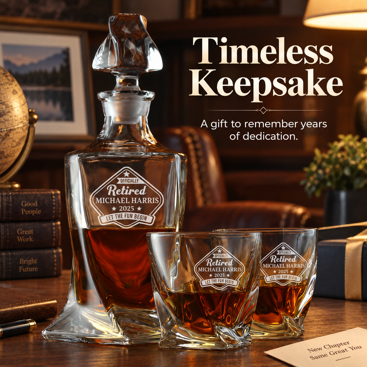 Retirement Gift – Twisted Decanter Set with 2 Glasses, 2 Whiskey Balls & Wooden Box – image 12