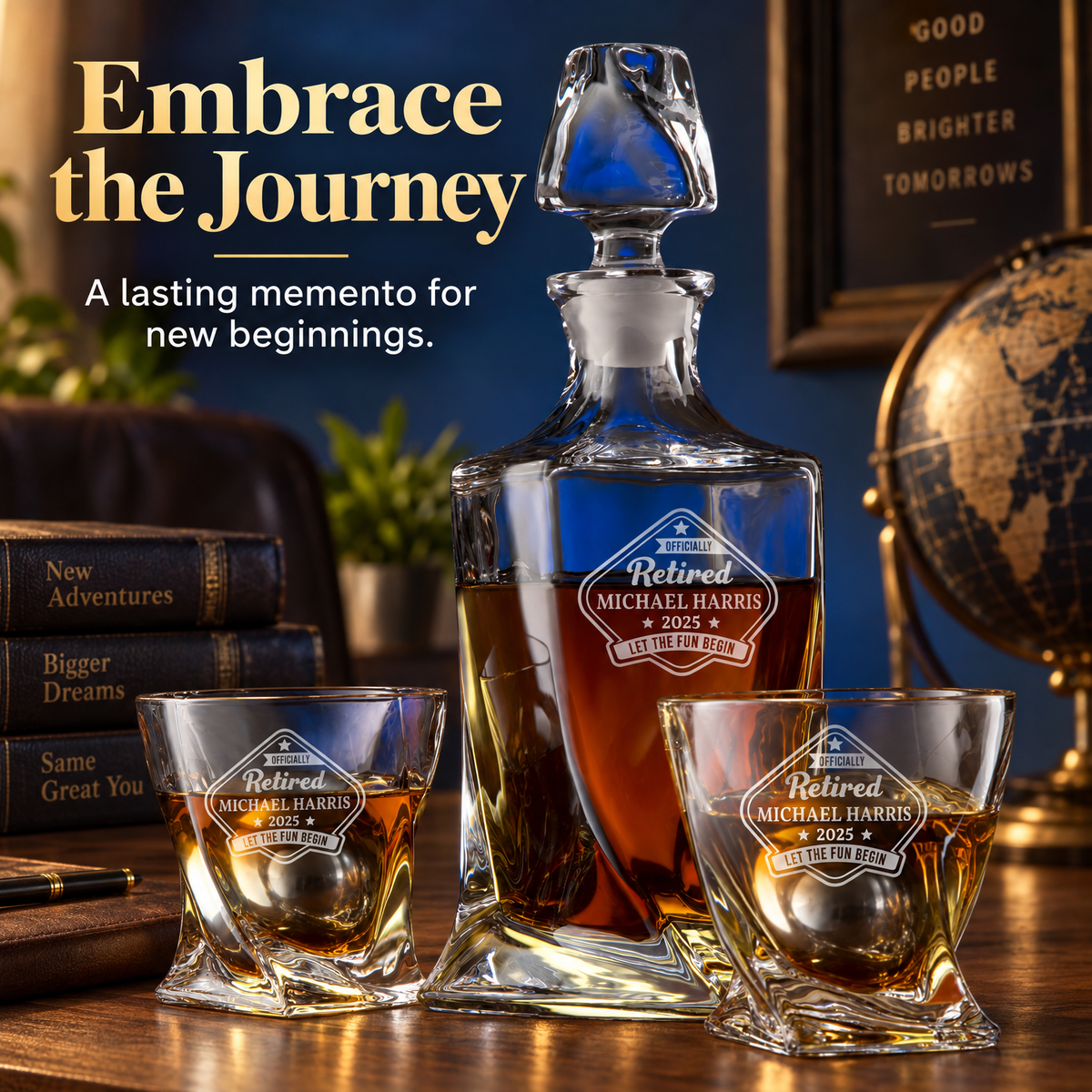 Retirement Gift – Twisted Decanter Set with 2 Glasses, 2 Whiskey Balls & Wooden Box product image