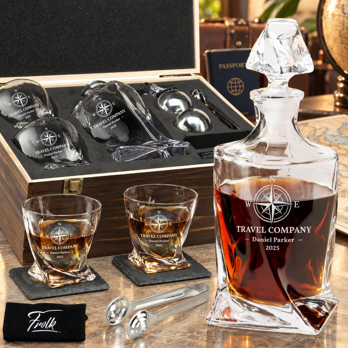 Travel & Hospitality Company Gifts – Twisted Decanter Set with 2 Glasses, 2 Whiskey Balls & Wooden Box product image