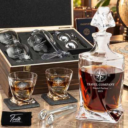 Travel & Hospitality Company Gifts – Twisted Decanter Set with 2 Glasses, 2 Whiskey Balls & Wooden Box – image 01