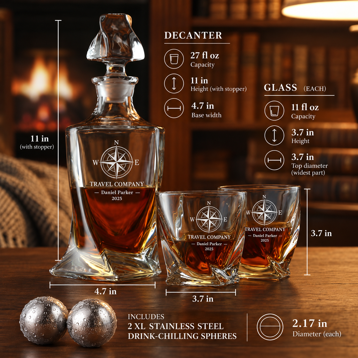 Travel & Hospitality Company Gifts – Twisted Decanter Set with 2 Glasses, 2 Whiskey Balls & Wooden Box product image
