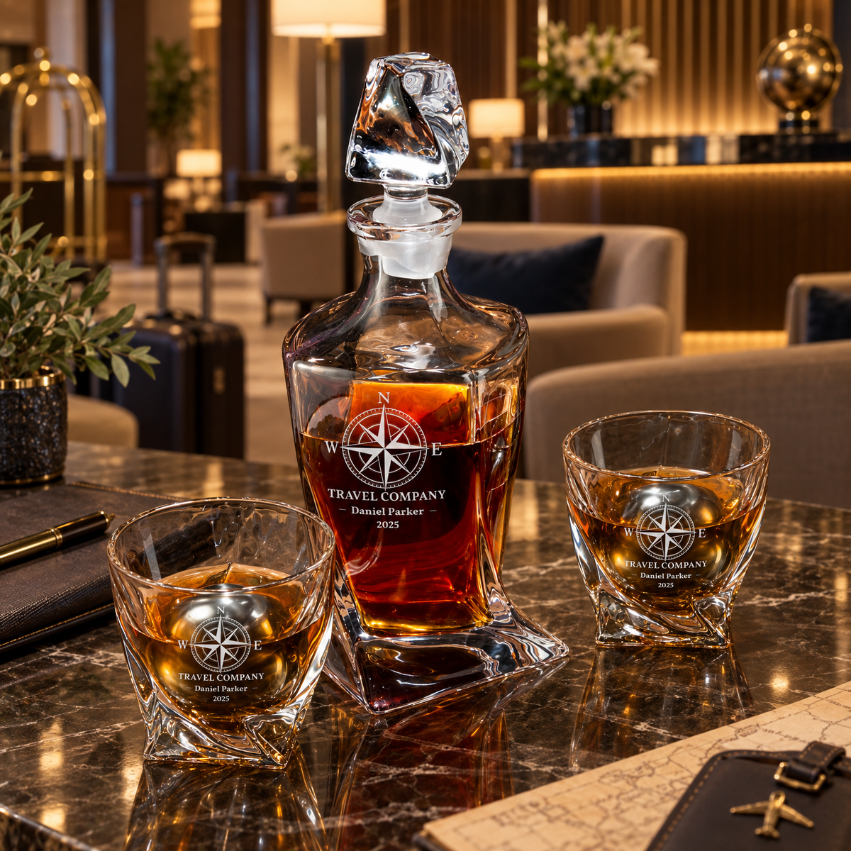 Travel & Hospitality Company Gifts – Twisted Decanter Set with 2 Glasses, 2 Whiskey Balls & Wooden Box product image
